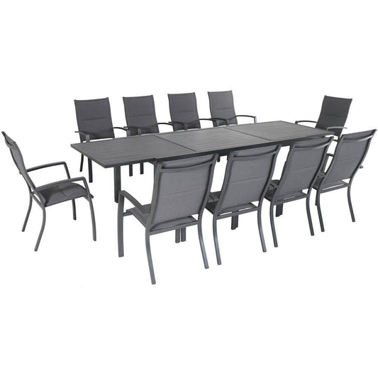 Hanover Outdoor Dining Set Hanover - Naples 11-Piece Outdoor Dining Set with 10 Padded Sling Chairs in Gray and a 40" x 118" Expandable Dining Table