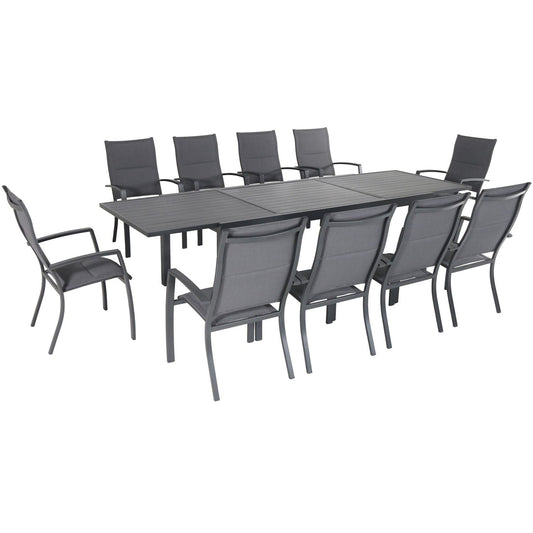 Hanover Outdoor Dining Set Hanover - Naples 11-Piece Outdoor Dining Set with 10 Padded Sling Chairs in Gray and a 40" x 118" Expandable Dining Table