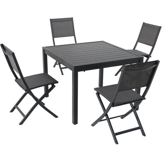 Hanover Outdoor Dining Set Hanover - Naples5pc: 4 Aluminum Sling Folding Chairs, 38" Sq Slat Top Table