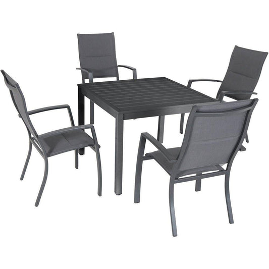 Hanover Outdoor Dining Set Hanover - Naples5pc: 4 High Back Padded Sling Chairs, 38" Sq Slat Top Table