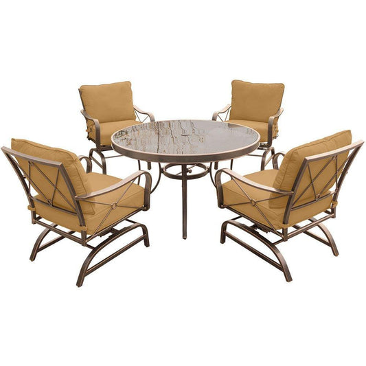 Hanover Outdoor Dining Set Hanover - Summer Nights 5PC Dining Set: 4 Steel Rockers with 48" Glass Table - SUMRNGTDN5PCG