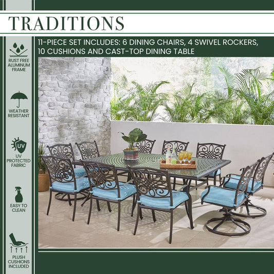 Hanover Outdoor Dining Set Hanover - Traditions 11-Piece Dining Set in Blue with Four Swivel Rockers, Six Dining Chairs, and an Extra-Long Dining Table - TRADDN11PCSW4-BLU