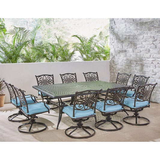 Hanover Outdoor Dining Set Hanover - Traditions 11-Piece Dining Set in Blue with Ten Swivel Rockers and an Extra-Long Dining Table - TRADDN11PCSW10-BLU