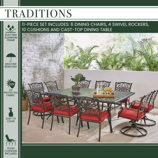 Hanover Outdoor Dining Set Hanover - Traditions 11-Piece Dining Set in Red with Four Swivel Rockers, Six Dining Chairs, and an Extra-Long Dining Table - TRADDN11PCSW4-RED