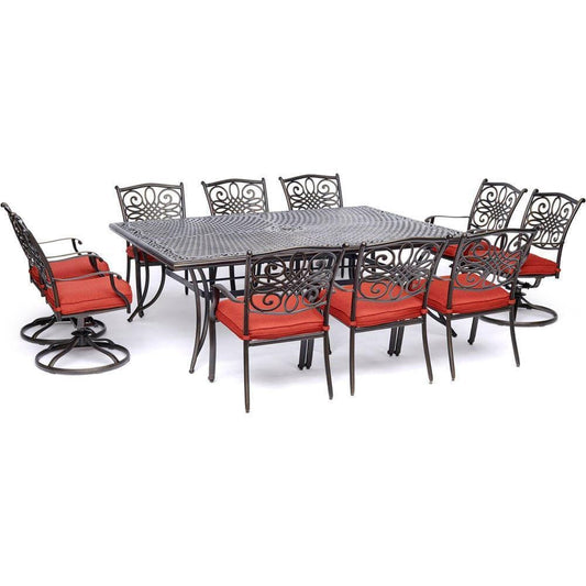 Hanover Outdoor Dining Set Hanover - Traditions 11-Piece Dining Set in Red with Four Swivel Rockers, Six Dining Chairs, and an Extra-Long Dining Table - TRADDN11PCSW4-RED