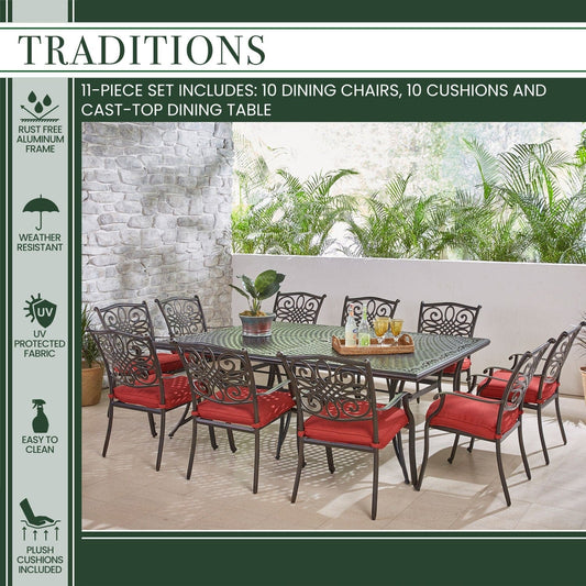 Hanover Outdoor Dining Set Hanover - Traditions 11-Piece Dining Set in Red with Ten Stationary Dining Chairs and an Extra-Long Dining Table - TRADDN11PC-RED