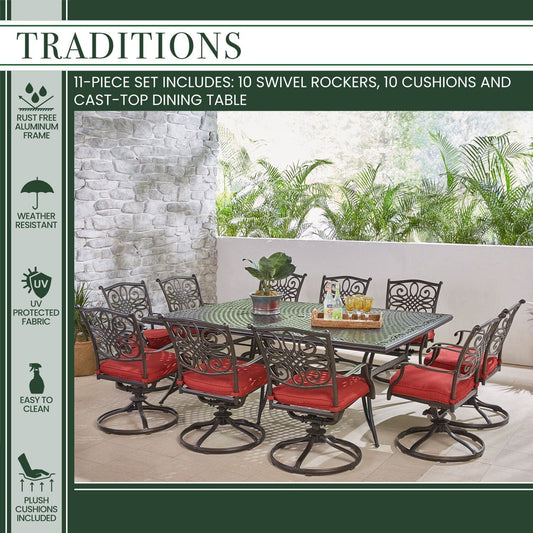 Hanover Outdoor Dining Set Hanover - Traditions 11-Piece Dining Set in Red with Ten Swivel Rockers and an Extra-Long Dining Table - TRADDN11PCSW10-RED