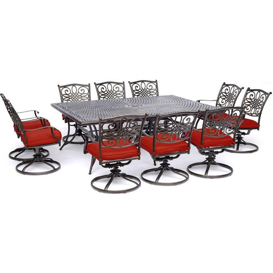 Hanover Outdoor Dining Set Hanover - Traditions 11-Piece Dining Set in Red with Ten Swivel Rockers and an Extra-Long Dining Table - TRADDN11PCSW10-RED