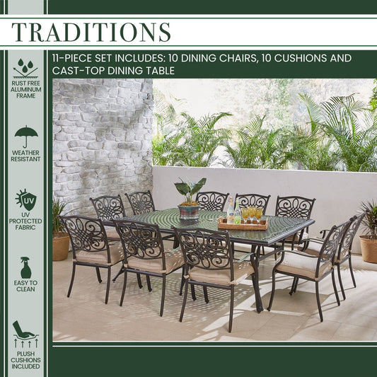 Hanover Outdoor Dining Set Hanover - Traditions 11-Piece Dining Set in Tan with Ten Stationary Dining Chairs and an Extra-Long Dining Table - TRADDN11PC