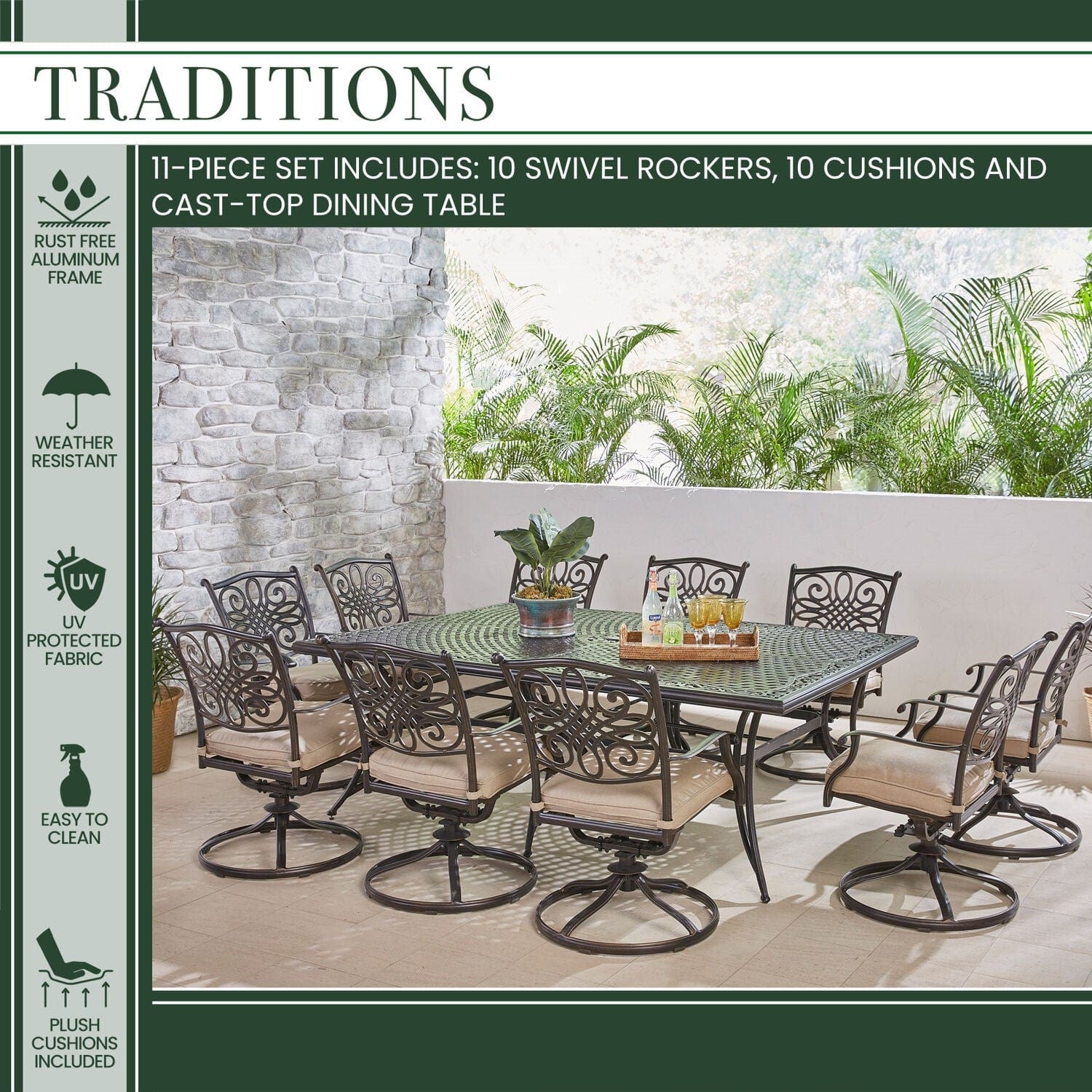 Hanover Outdoor Dining Set Hanover - Traditions 11-Piece Dining Set in Tan with Ten Swivel Rockers and an Extra-Long Dining Table - TRADDN11PCSW10