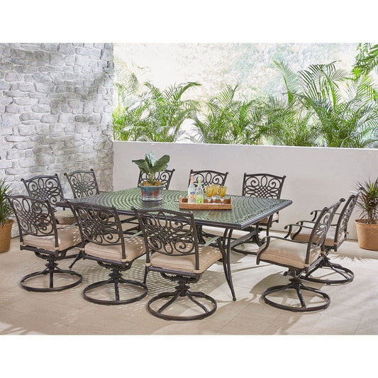 Hanover Outdoor Dining Set Hanover - Traditions 11-Piece Dining Set in Tan with Ten Swivel Rockers and an Extra-Long Dining Table - TRADDN11PCSW10