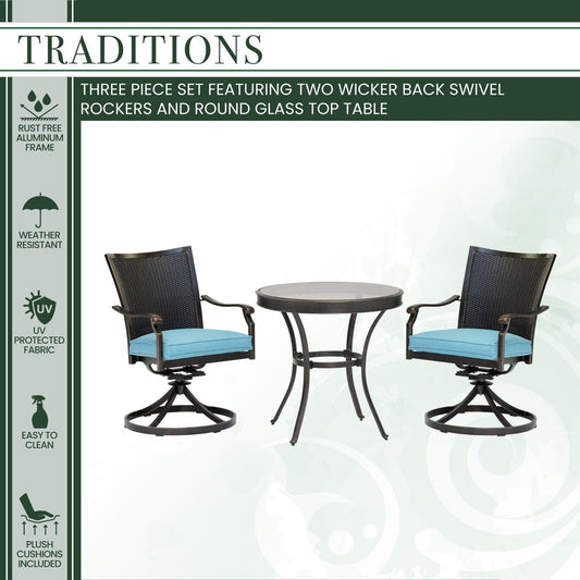 Hanover Outdoor Dining Set Hanover Traditions 3-Piece Aluminum Frames Dining Set in Blue with 2 Wicker Back Swivel Rockers and 30 in. Round Glass-Top Table | TRADDNWB3PCSWG-BLU