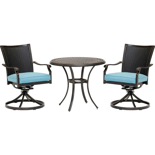 Hanover Outdoor Dining Set Hanover Traditions 3-Piece Dining Set in Blue with 2 Wicker Back Swivel Rockers and 32 in. Round Cast-Top Table