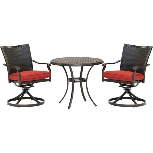 Hanover Outdoor Dining Set Hanover Traditions 3-Piece Dining Set in Red with 2 Wicker Back Swivel Rockers and 32 in. Round Cast-Top Table - TRADDNWB3PCSWC-RED