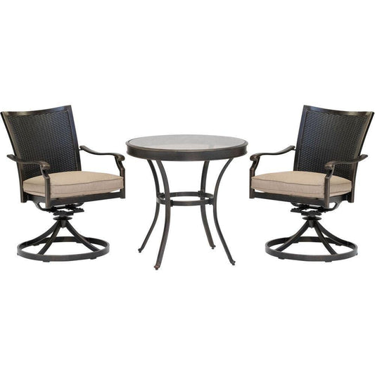 Hanover Outdoor Dining Set Hanover Traditions 3-Piece Dining Set in Tan with 2 Wicker Back Swivel Rockers and 30 in. Round Glass-Top Table - TRADDNWB3PCSWG-TAN
