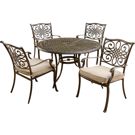 Hanover Outdoor Dining Set Hanover - Traditions 5 Pc. Dining Set of 4 Aluminum Cast Dining Chairs, 48 in. Round Table, and a Table Umbrella - TRADITIONS5PC-SU