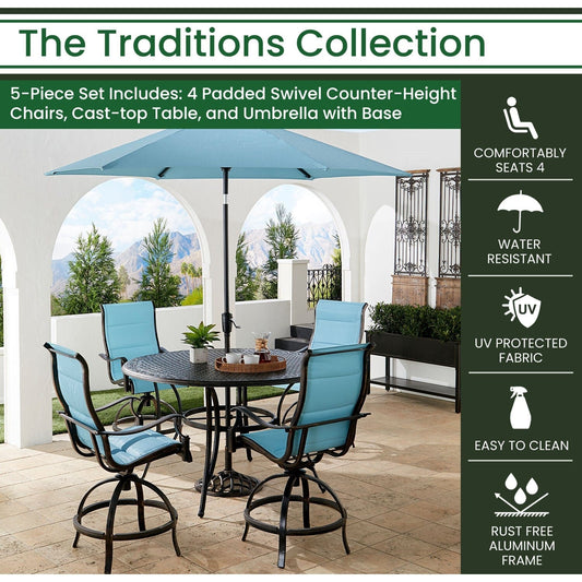 Hanover Outdoor Dining Set Hanover Traditions 5-Piece Aluminium Frame High-Dining Set in Blue with 4 Swivel Counter-Height Chairs, 56-in. Table, and 9-ft. Umbrella | TRADDN5PCPDBR-SU-B