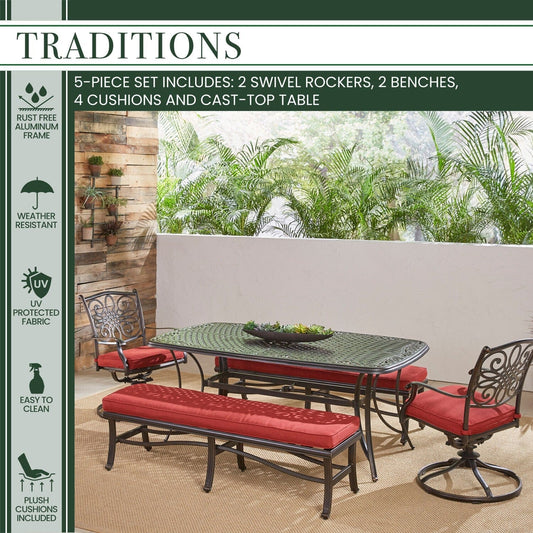 Hanover Outdoor Dining Set Hanover - Traditions 5-Piece Aluminium Frame Patio Dining Set in Red with 2 Swivel Rockers, 2 Cushioned Benches, and a 38" x 72" Cast-Top Dining Table | TRADDN5PCSW2BN-RED