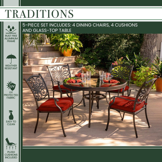 Hanover Outdoor Dining Set Hanover Traditions 5-Piece Aluminum Frame Dining Set in Red with 48 In. Glass-top Table | TRADDN5PCG-RED