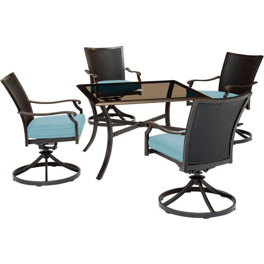 Hanover Outdoor Dining Set Hanover Traditions 5-Piece Dining Set in Blue with 4 Wicker Back Swivel Rockers and 42 in. Glass-Top Table