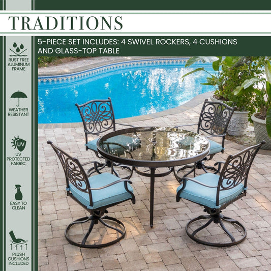 Hanover Outdoor Dining Set Hanover Traditions 5-Piece Dining Set in Blue with 48 In. Glass-top Table