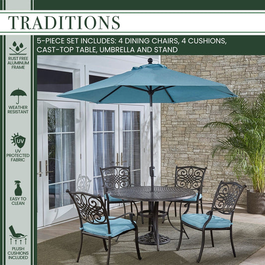 Hanover Outdoor Dining Set Hanover - Traditions 5-Piece Dining Set in Blue with Table Umbrella and Stand - TRADDN5PC-B-SU