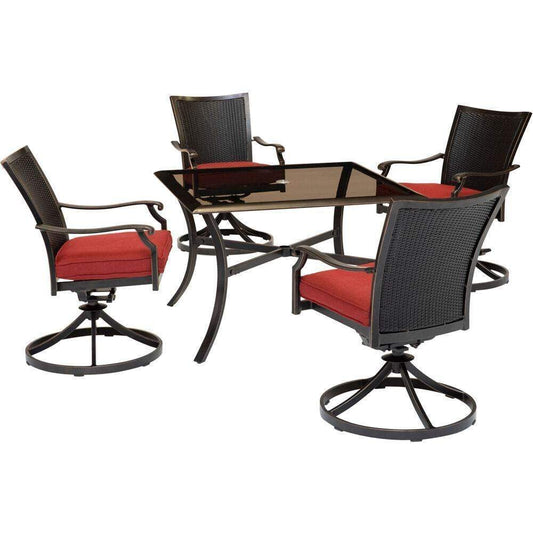 Hanover Outdoor Dining Set Hanover Traditions 5-Piece Dining Set in Red with 4 Wicker Back Swivel Rockers and 42 in. Glass-Top Table