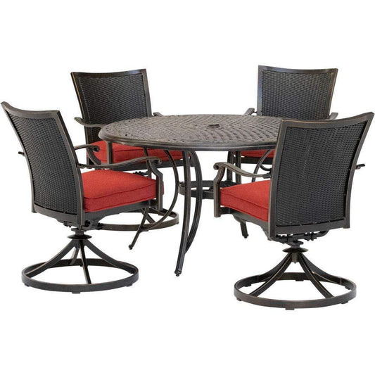 Hanover Outdoor Dining Set Hanover Traditions 5-Piece Dining Set in Red with 4 Wicker Back Swivel Rockers and 48 in. Cast-Top Table