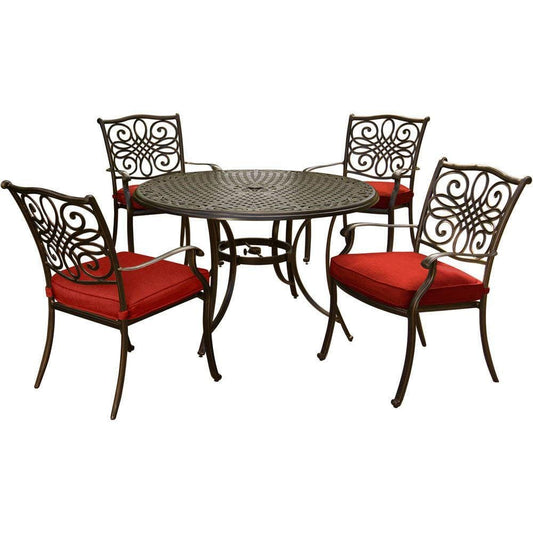 Hanover Outdoor Dining Set Hanover Traditions 5-Piece Dining Set in Red with 48 In. Cast-top Table and Four Dining Chairs