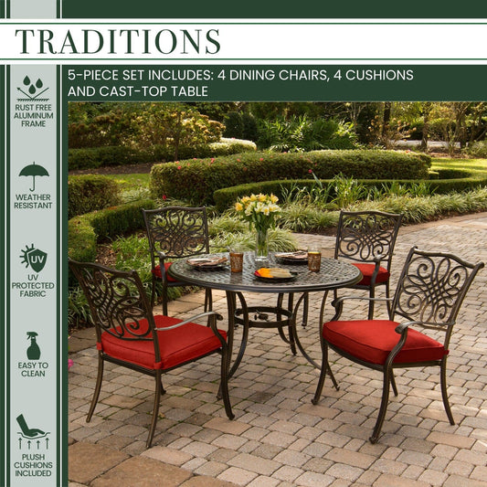Hanover Outdoor Dining Set Hanover Traditions 5-Piece Dining Set in Red with 48 In. Cast-top Table and Four Dining Chairs | TRADDN5PC-RED