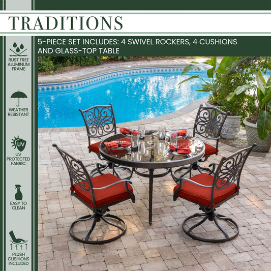 Hanover Outdoor Dining Set Hanover Traditions 5-Piece Dining Set in Red with a 48 In. Glass-top Table