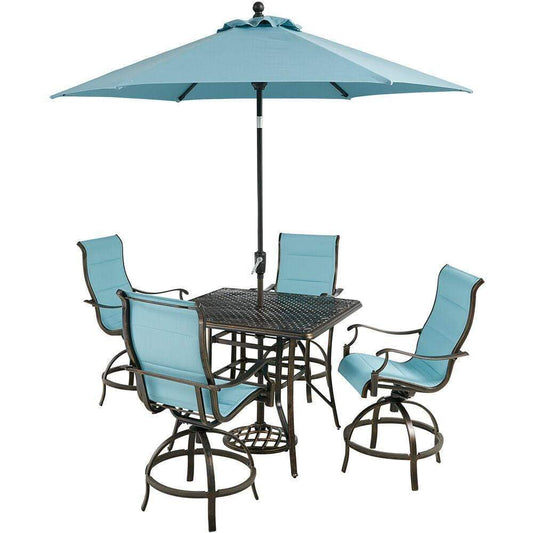 Hanover Outdoor Dining Set Hanover Traditions 5-Piece High-Dining Set in Blue with 4 Swivel Counter-Height Chairs, 42-in. Table, and 9-ft Umbrella