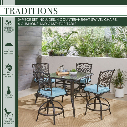 Hanover Outdoor Dining Set Hanover - Traditions 5-Piece High-Dining Set in Blue with a 42 In. Square Cast-top Table - TRADDN5PCSQBR-B