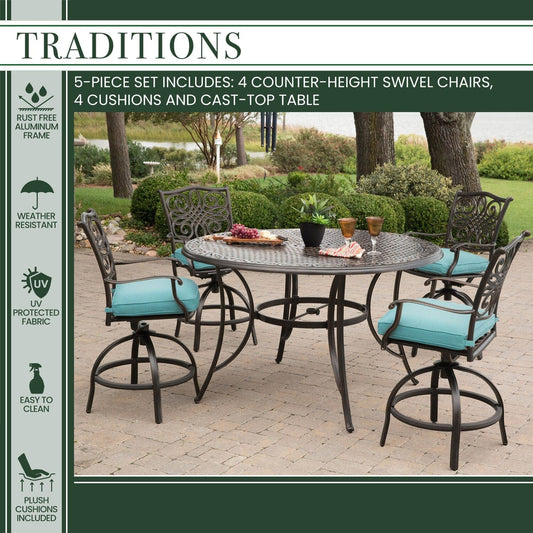 Hanover Outdoor Dining Set Hanover - Traditions 5-Piece High-Dining Set in Blue with Four Swivel Chairs and a 56 In. Cast-top Table | TRADDN5PCBR-BLU