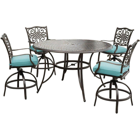 Hanover Outdoor Dining Set Hanover - Traditions 5-Piece High-Dining Set in Blue with Four Swivel Chairs and a 56 In. Cast-top Table - TRADDN5PCBR-BLU