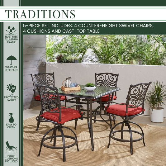 Hanover Outdoor Dining Set Hanover - Traditions 5-Piece High-Dining Set in Red with a 42 In. Square Cast-Top Table| Red/Bronze |TRADDN5PCSQBR-R