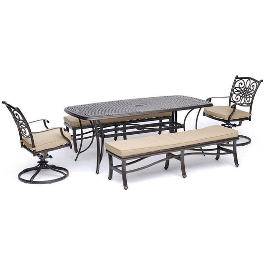 Hanover Outdoor Dining Set Hanover - Traditions 5-Piece Patio Dining Set in Tan with 2 Swivel Rockers, 2 Cushioned Benches, and a 38" x 72" Cast-Top Dining Table - TRADDN5PCSW2BN-TAN