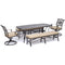 Hanover Outdoor Dining Set Hanover - Traditions 5-Piece Patio Dining Set in Tan with 2 Swivel Rockers, 2 Cushioned Benches, and a 38" x 72" Cast-Top Dining Table - TRADDN5PCSW2BN-TAN