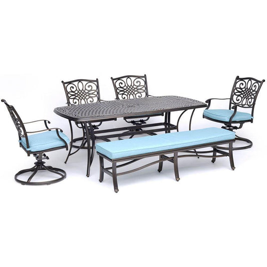 Hanover Outdoor Dining Set Hanover Traditions 6-Piece Dining Set in Blue with 4 Swivel Rockers, a Cushioned Bench, and a 38" x 72" Cast-Top Table - TRADDN6PCSW4BN-BLU