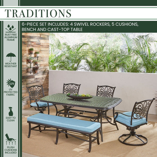 Hanover Outdoor Dining Set Hanover Traditions 6-Piece Dining Set in Blue with 4 Swivel Rockers, a Cushioned Bench, and a 38" x 72" Cast-Top Table - TRADDN6PCSW4BN-BLU