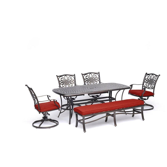 Hanover Outdoor Dining Set Hanover - Traditions 6-Piece Dining Set in Red with 4 Swivel Rockers, a Cushioned Bench, and a 38" x 72" Cast-Top Table - TRADDN6PCSW4BN-RED