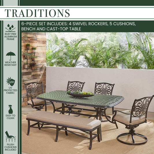 Hanover Outdoor Dining Set Hanover - Traditions 6-Piece Dining Set in Tan with 4 Swivel Rockers, a Cushioned Bench, and a 38" x 72" Cast-Top Table - TRADDN6PCSW4BN-TAN