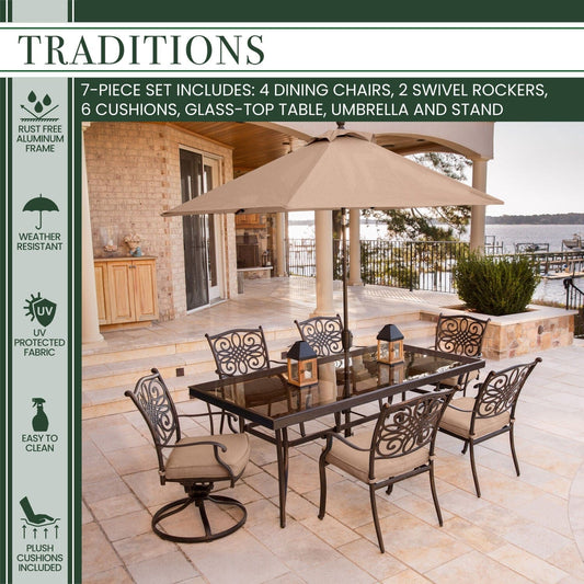 Hanover Outdoor Dining Set Hanover - Traditions 7-Piece Aluminium Frame Dining Set in Tan with Extra Large Glass-Top Dining Table, 11 Ft. Table Umbrella, and Umbrella Stand | TRADDN7PCSW2G-SU