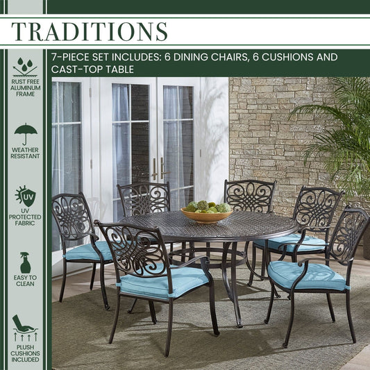 Hanover Outdoor Dining Set Hanover - Traditions 7-Piece Aluminum Frame Dining Set in Blue with Six Dining Chairs and a 60 In. Cast-top Table | TRADDN7PCRD-BLU