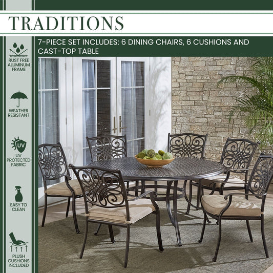 Hanover Outdoor Dining Set Hanover - Traditions 7-Piece Aluminum Frame Dining Set in Tan with Six Dining Chairs and a 60 In. Cast-top Table | TRADDN7PCRD