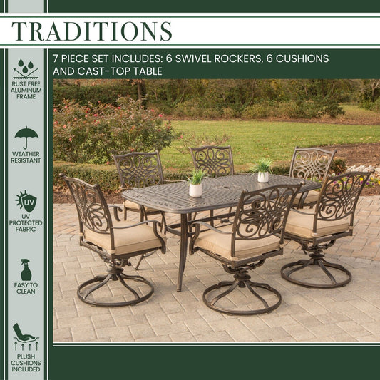 Hanover Outdoor Dining Set Hanover - Traditions 7-Piece Aluminum Frame Dining Set with Six Swivel Dining Chairs and a Large 72 x 38 in. Dining Table | TRADITIONS7PCSW-6