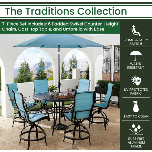 Hanover Outdoor Dining Set Hanover Traditions 7-Piece Aluminum Frame High-Dining Set in Blue with 6 Swivel Counter-Height Chairs, 56-in. Table, and 9-ft. Umbrella |TRADDN7PCPDBR-SU-B