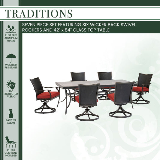 Hanover Outdoor Dining Set Hanover - Traditions 7-Piece Dining Set in Red with 6 Wicker Back Swivel Rockers and Extra Large 42 in. x 84 in. Glass-Top Table - TRADDNWB7PCSWG-RED