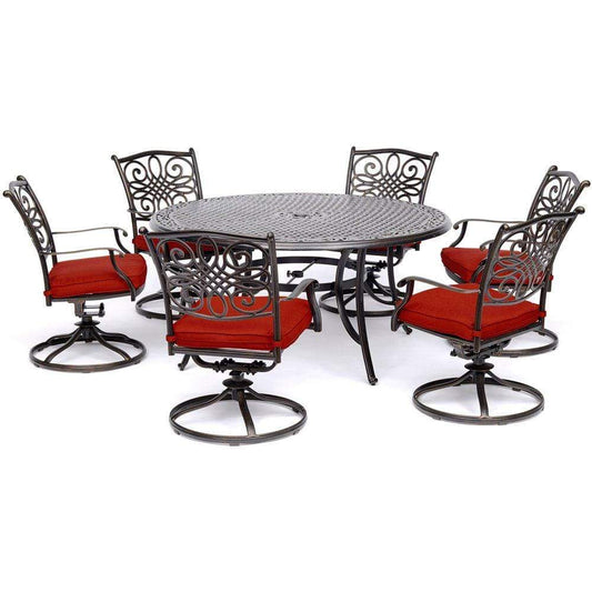 Hanover Outdoor Dining Set Hanover - Traditions 7-Piece Dining Set in Red with a 60 In. Round Cast-top Table and Six Swivel Rockers - TRADDN7PCSWRD6-RED