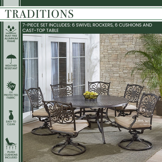 Hanover Outdoor Dining Set Hanover - Traditions 7-Piece Dining Set in Tan with a 60 In. Round Cast-top Table and Six Swivel Rockers - TRADDN7PCSWRD6